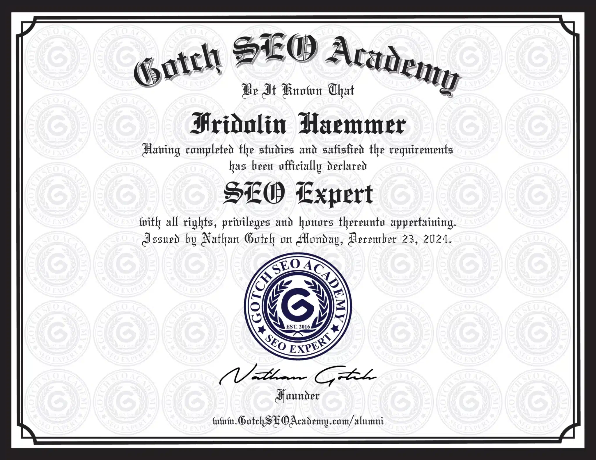 Gotch SEO Academy Certification – Fridolin Hammer